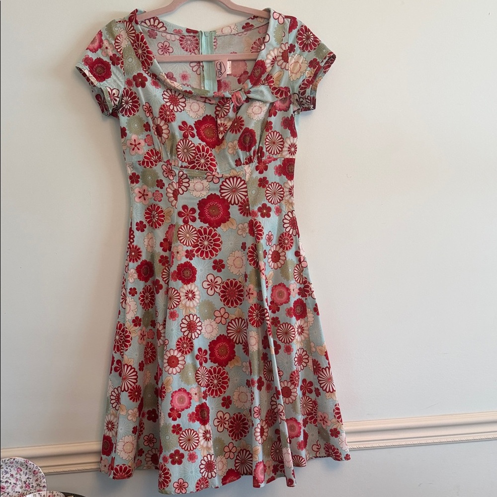 Floral Fit-and-Flare Midi Dress in Mint with Pink Floral Print